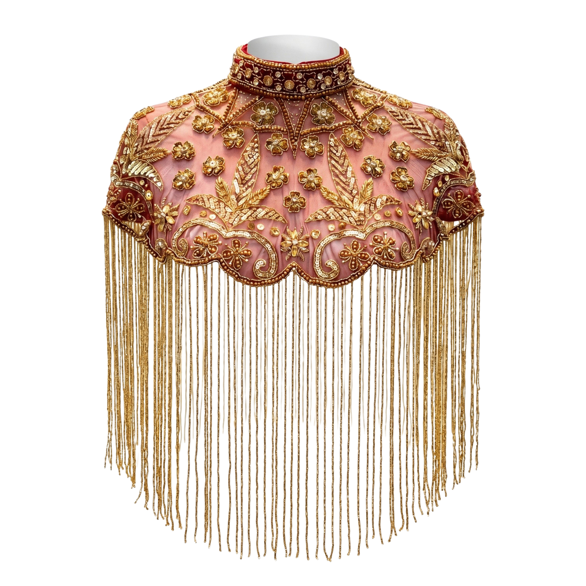 The "Rosaline" Beaded Fringe Cape, Red & Gold
