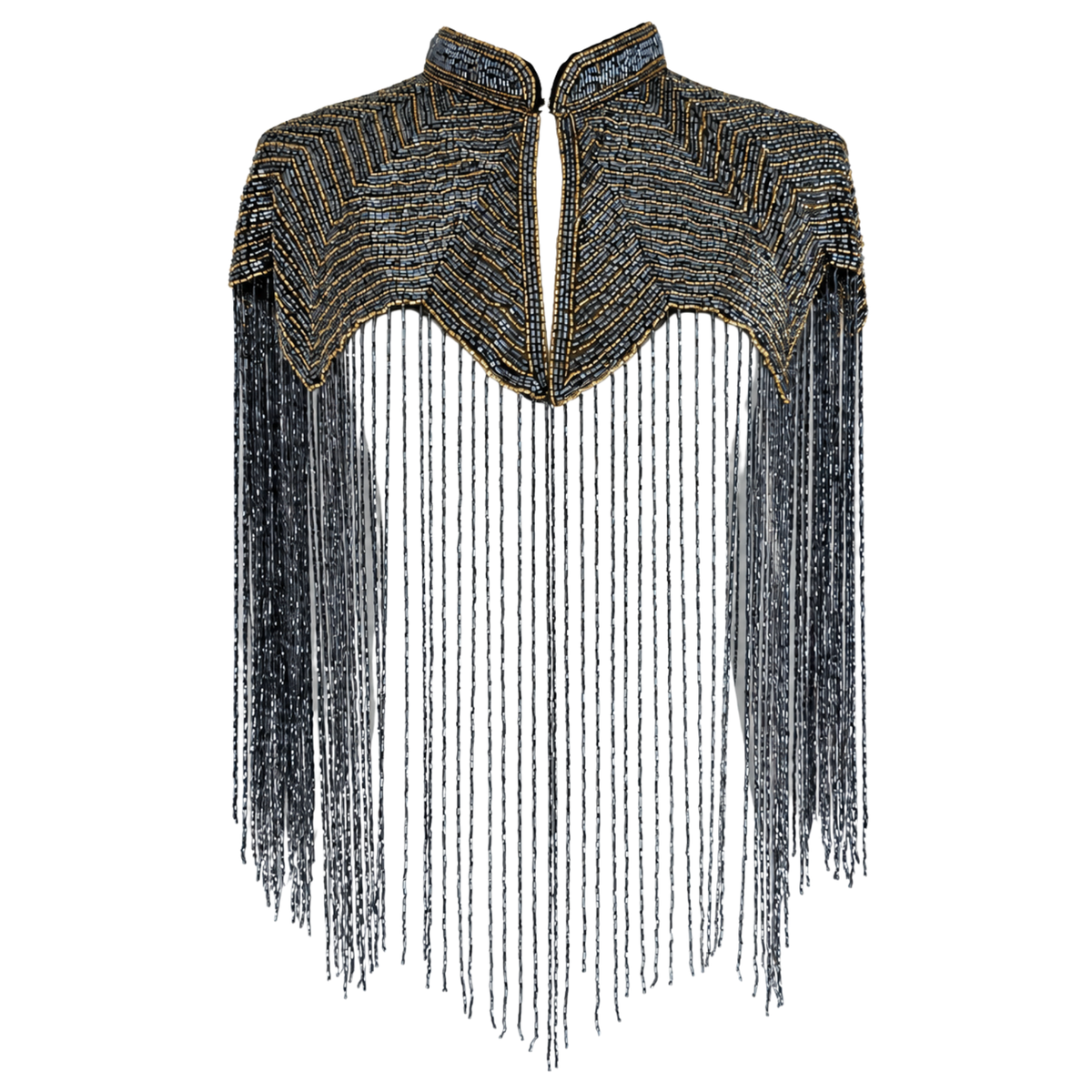 The Midnight Chevron Capelet, Gunmetal & Gold Beaded Fringe Statement Cape