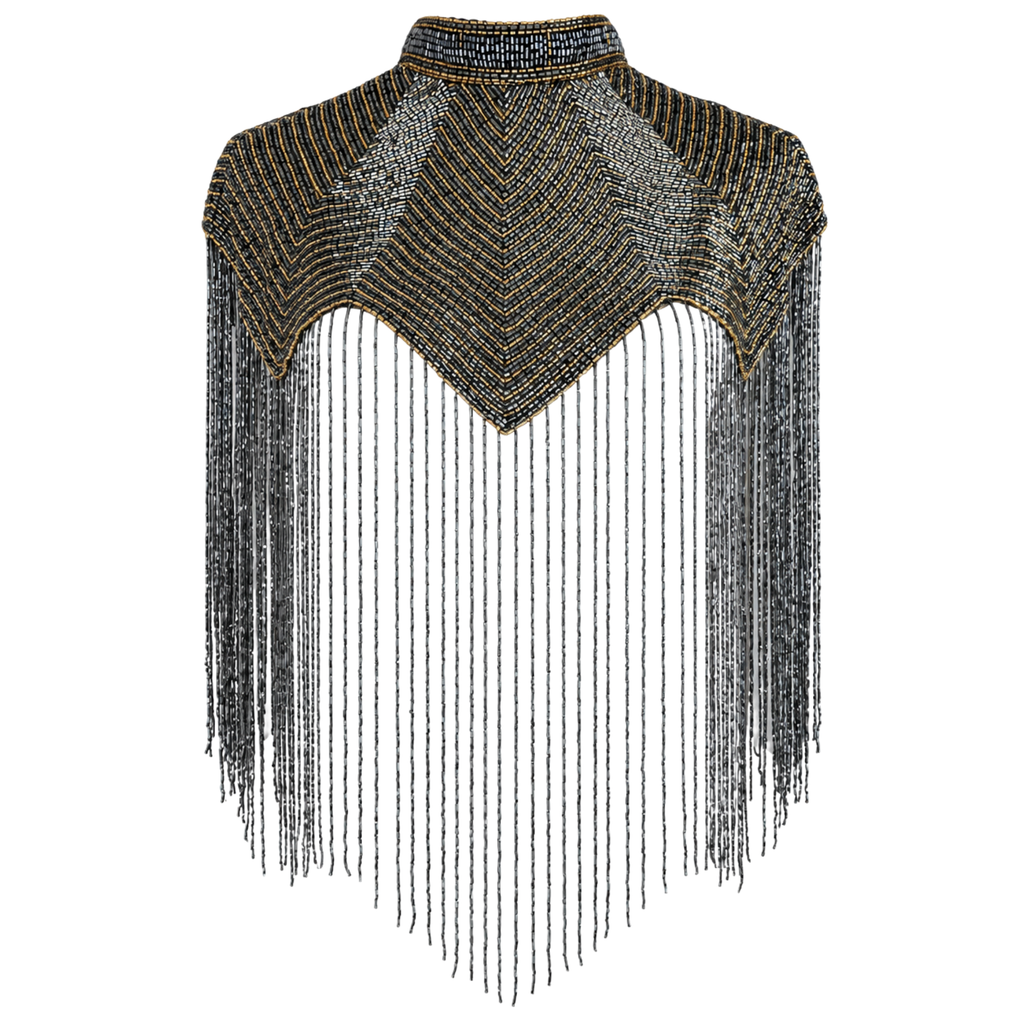 The Midnight Chevron Capelet, Gunmetal & Gold Beaded Fringe Statement Cape