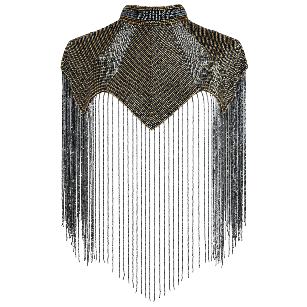 The Midnight Chevron Capelet, Gunmetal & Gold Beaded Fringe Statement Cape