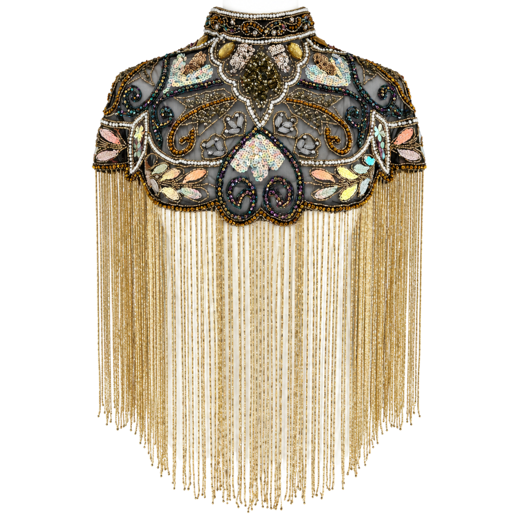 The Zafira | Hand-Beaded Botanical Fringe Cape