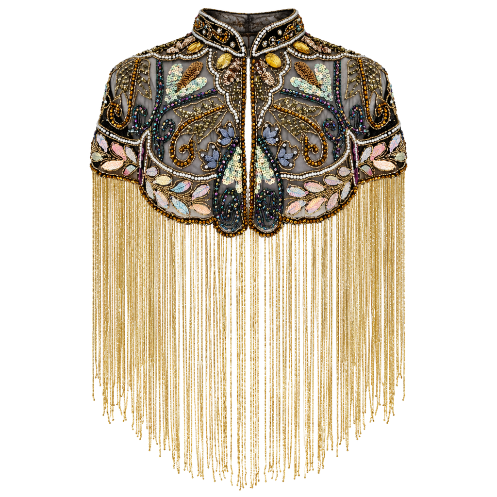 The Zafira | Hand-Beaded Botanical Fringe Cape