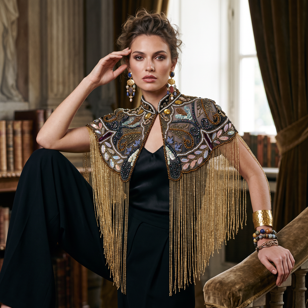 The Zafira | Hand-Beaded Botanical Fringe Cape