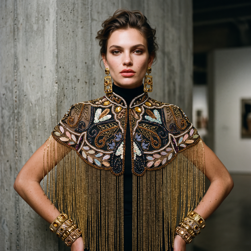 The Zafira | Hand-Beaded Botanical Fringe Cape