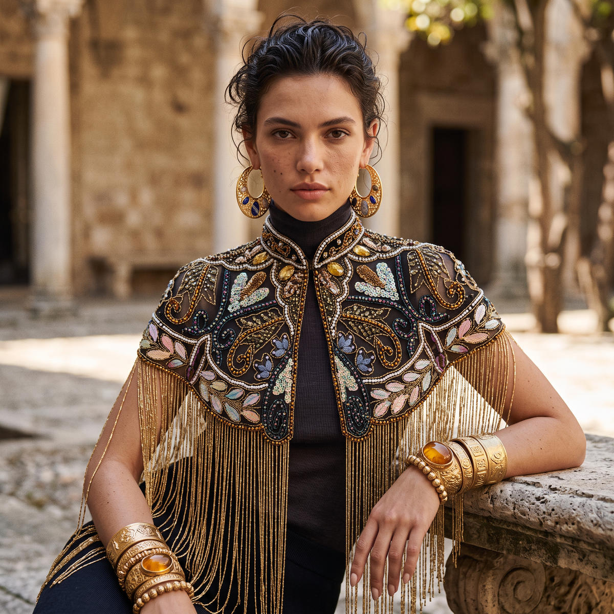The Zafira | Hand-Beaded Botanical Fringe Cape