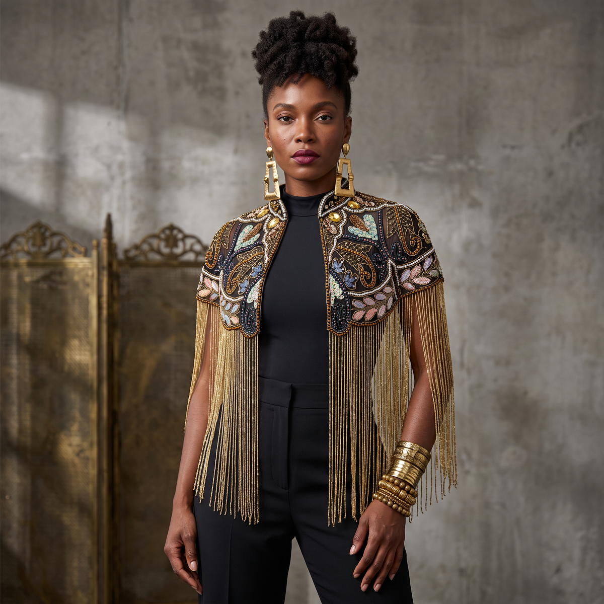 The Zafira | Hand-Beaded Botanical Fringe Cape