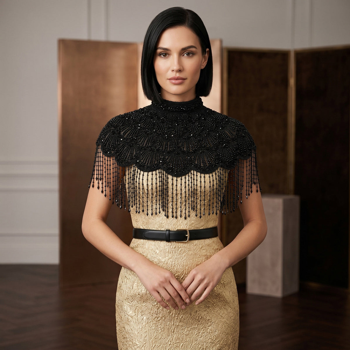 The "Gatsby" Fringe Cape, Art Deco Capelet, Black