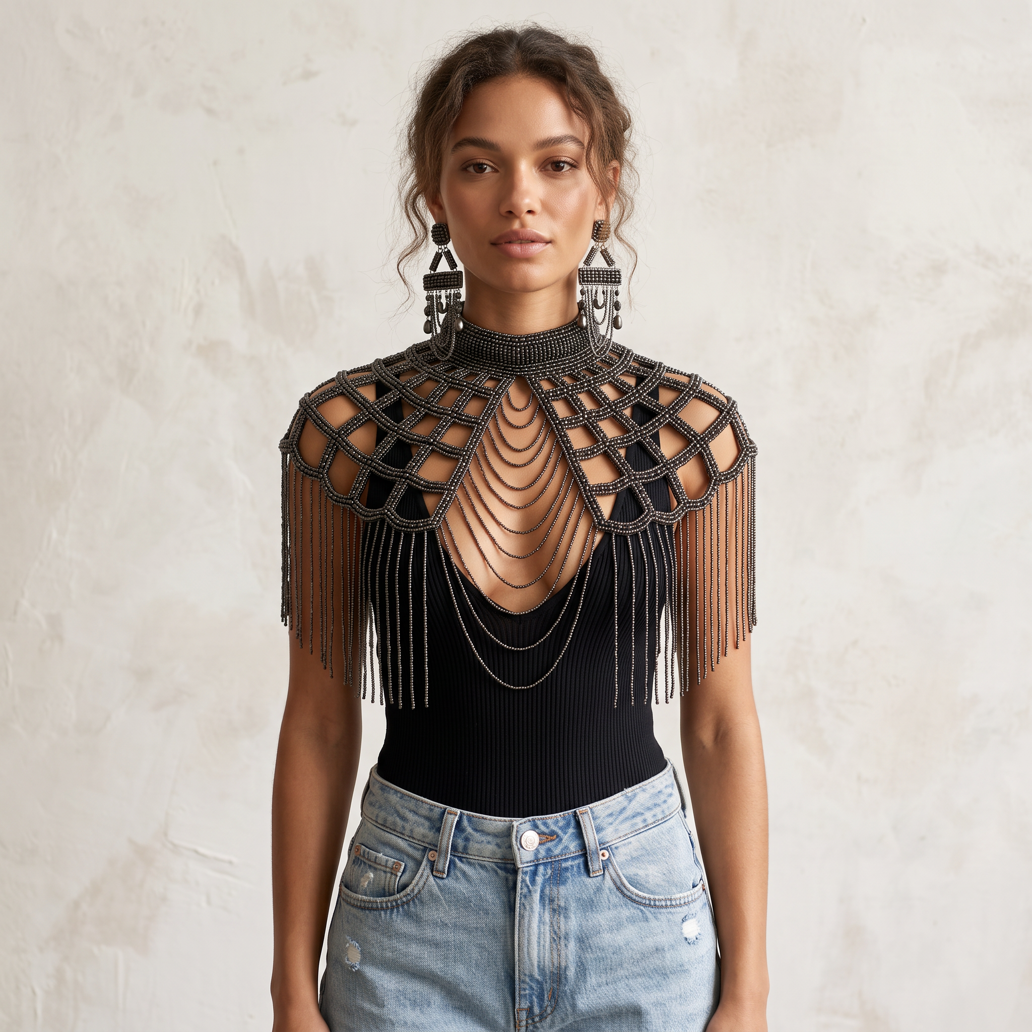 The Onyx, Gunmetal Beaded Capelet Fringe Collar Statement Cape