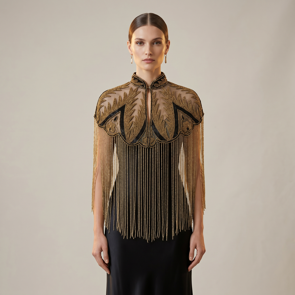 Palm Royale Beaded Capelet, Black & Gold