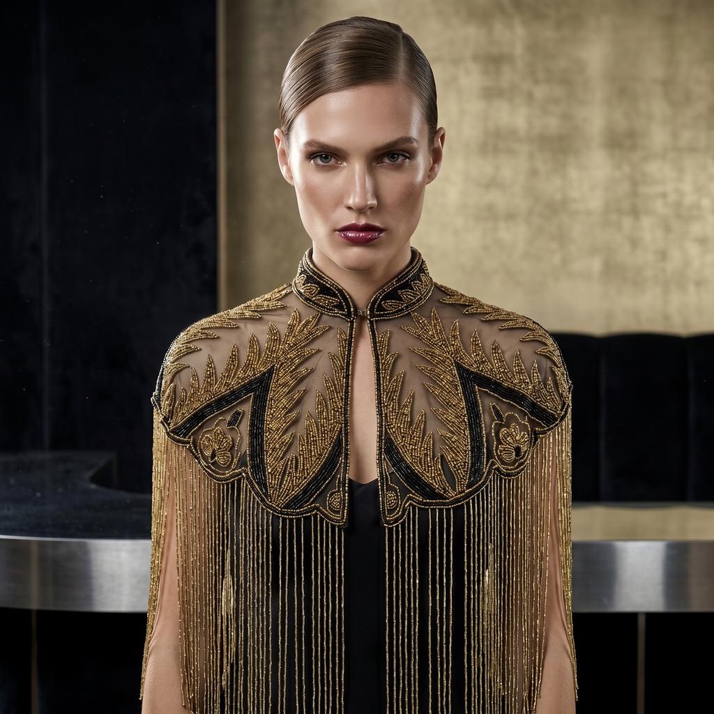 Palm Royale Beaded Capelet, Black & Gold