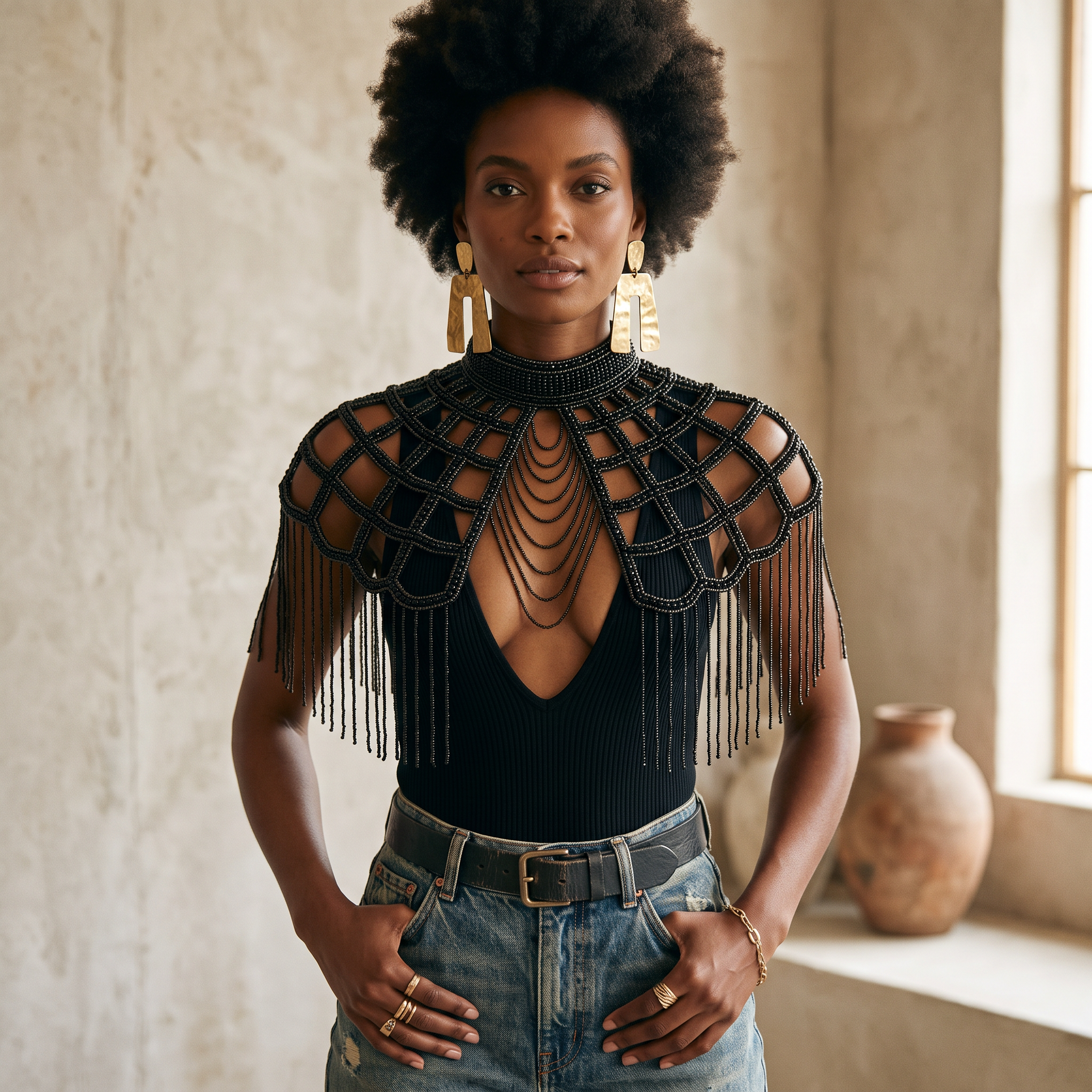 The Onyx, Gunmetal Beaded Capelet Fringe Collar Statement Cape