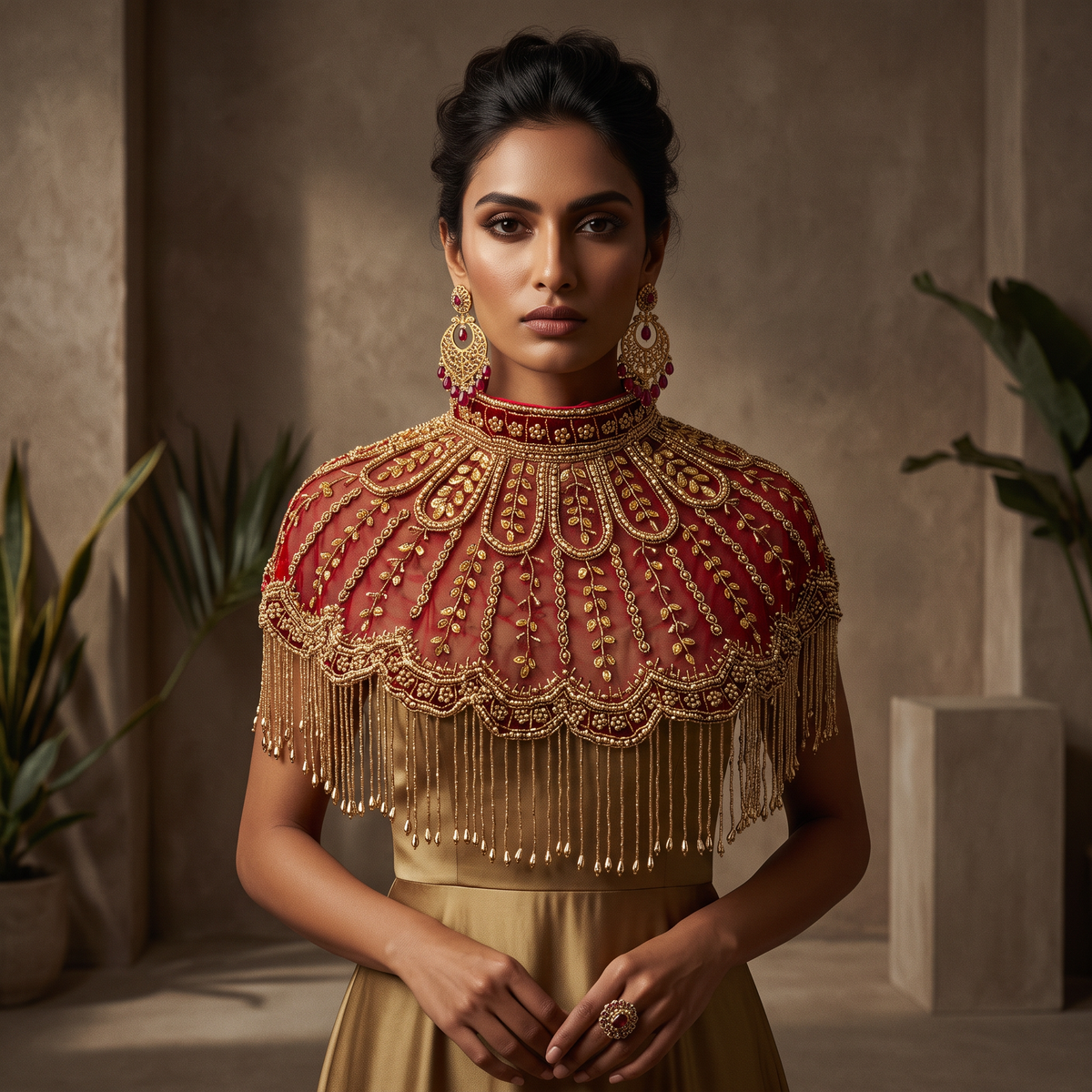 The Calista | Maroon & Gold Beaded Fringe Capelet