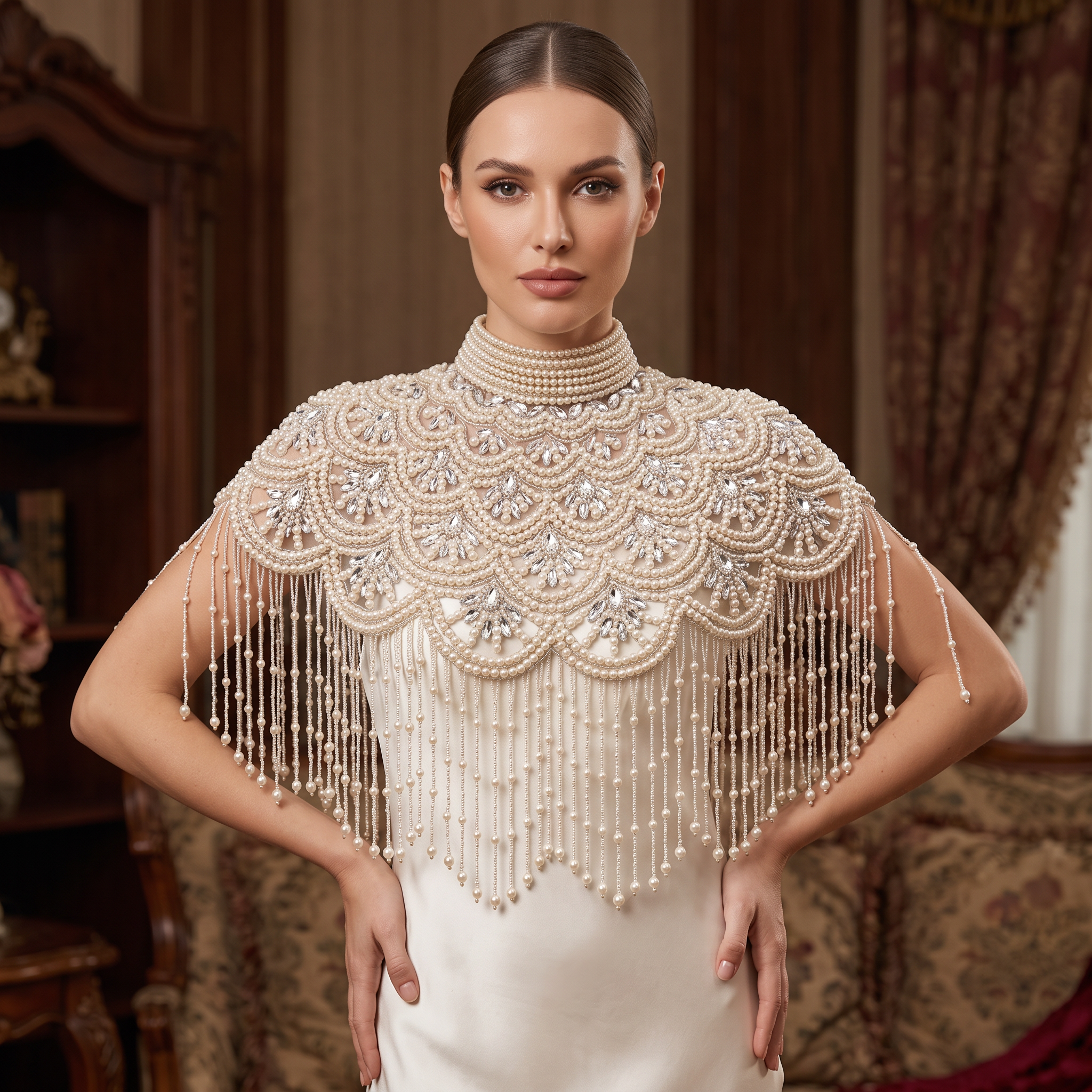 The "Celeste" Pearl & Crystal, Ivory Beaded Fringe Capelet