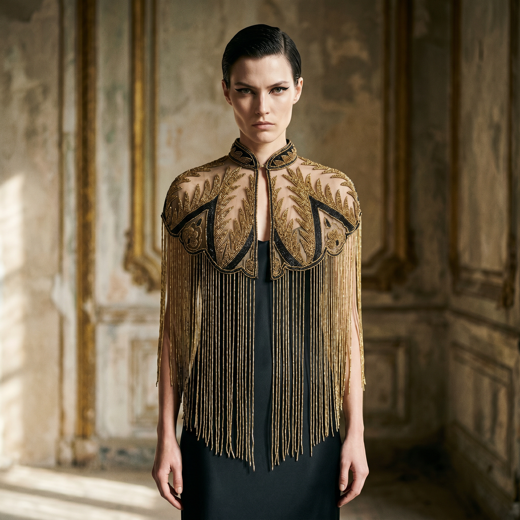 Palm Royale Beaded Capelet, Black & Gold