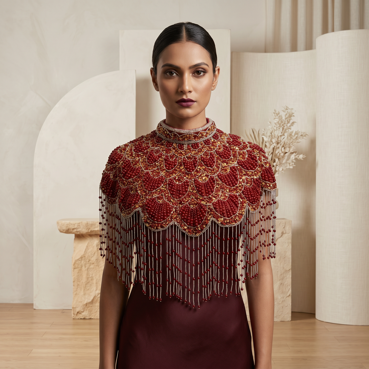 The "Gatsby" Beaded Fringe Cape, Red & Gold