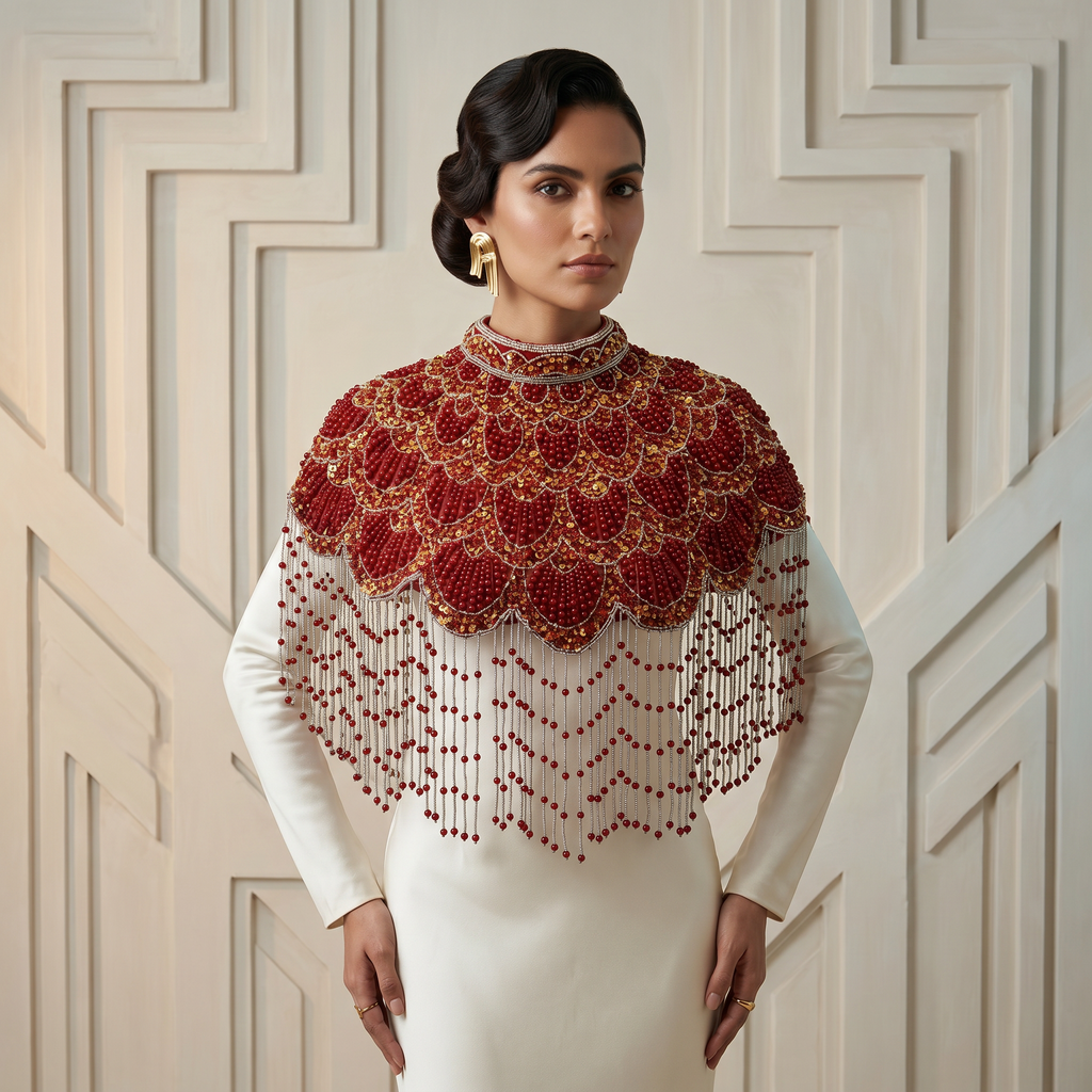 The "Gatsby" Beaded Fringe Cape, Red & Gold