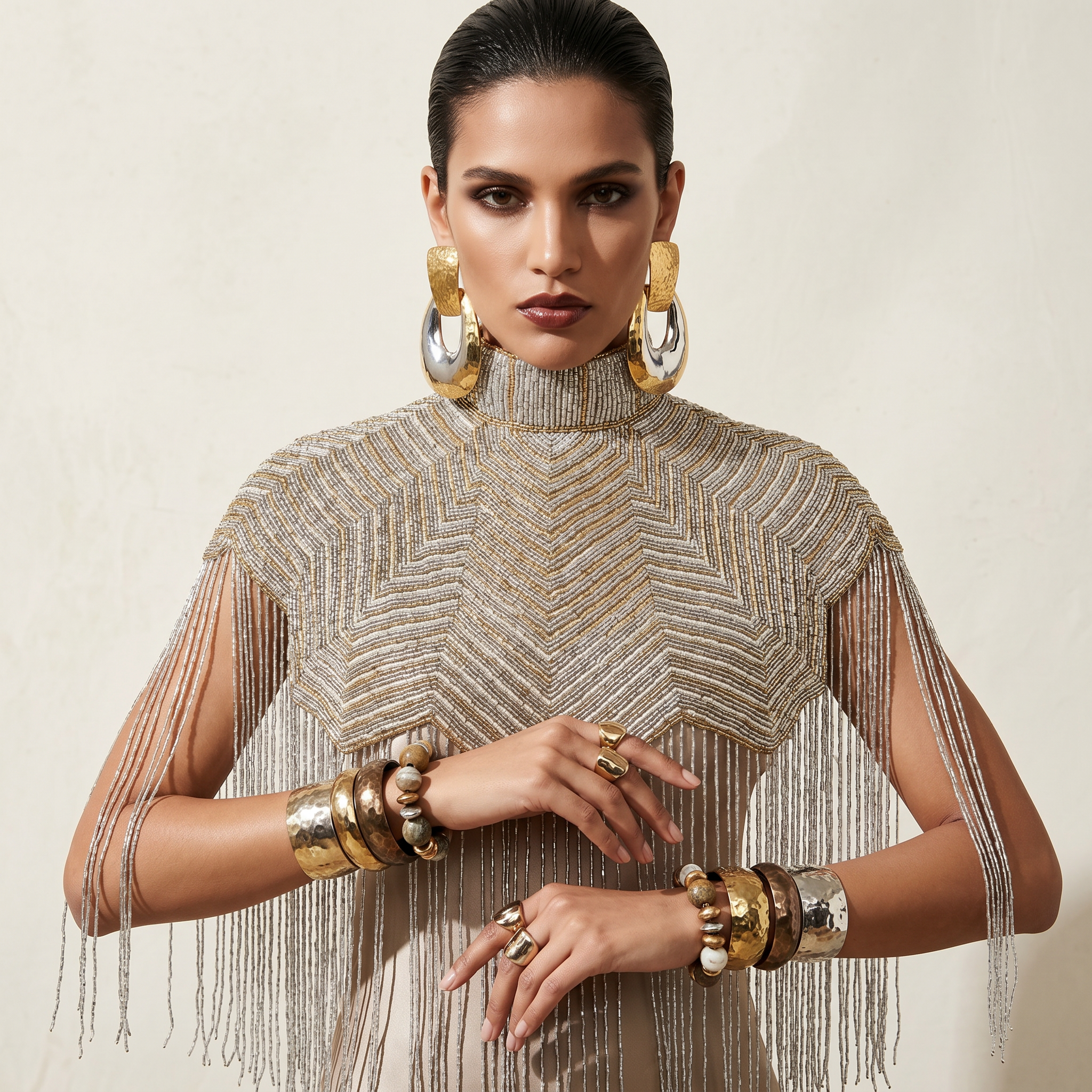 The "Elysian" Beaded Fringe Cape, Silver & Gold