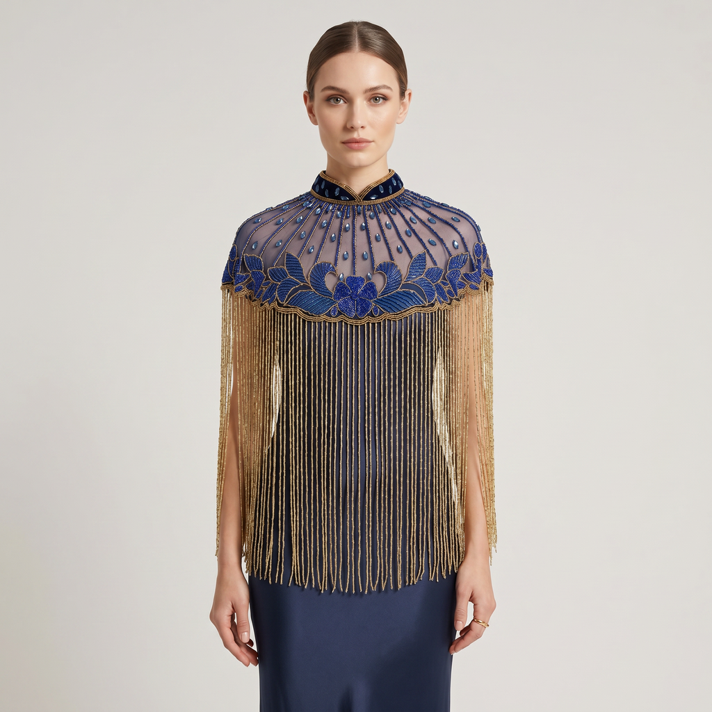 The "Azure Lotus" Beaded Fringe Cape, Blue & Gold