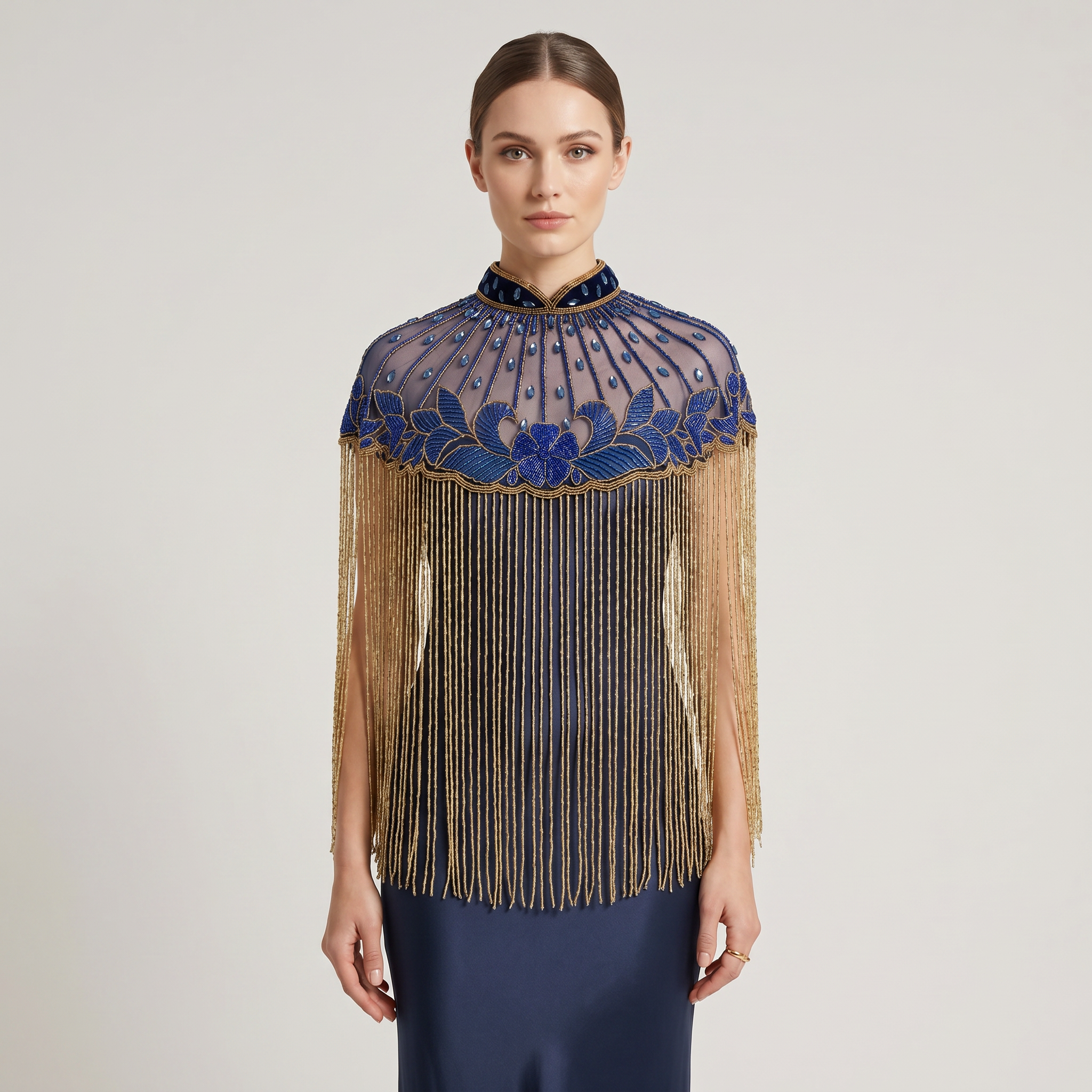 The "Azure Lotus" Beaded Fringe Cape, Blue & Gold
