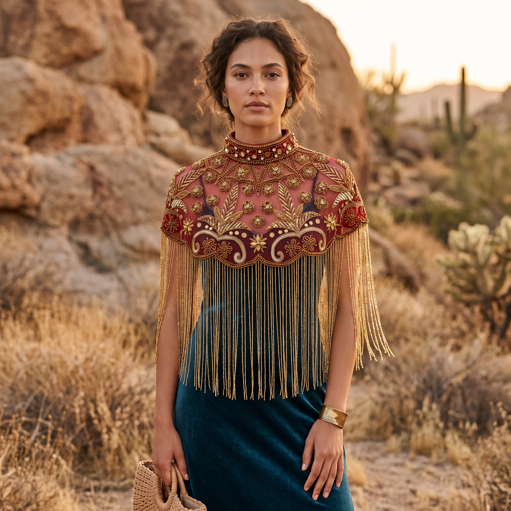The "Rosaline" Beaded Fringe Cape, Red & Gold