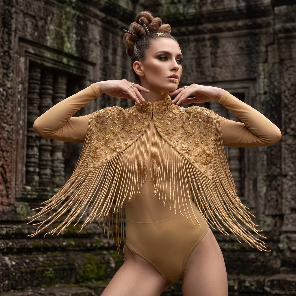 The Solara | Hand-Beaded Fringe Capelet — Black, Red, Silver & Gold