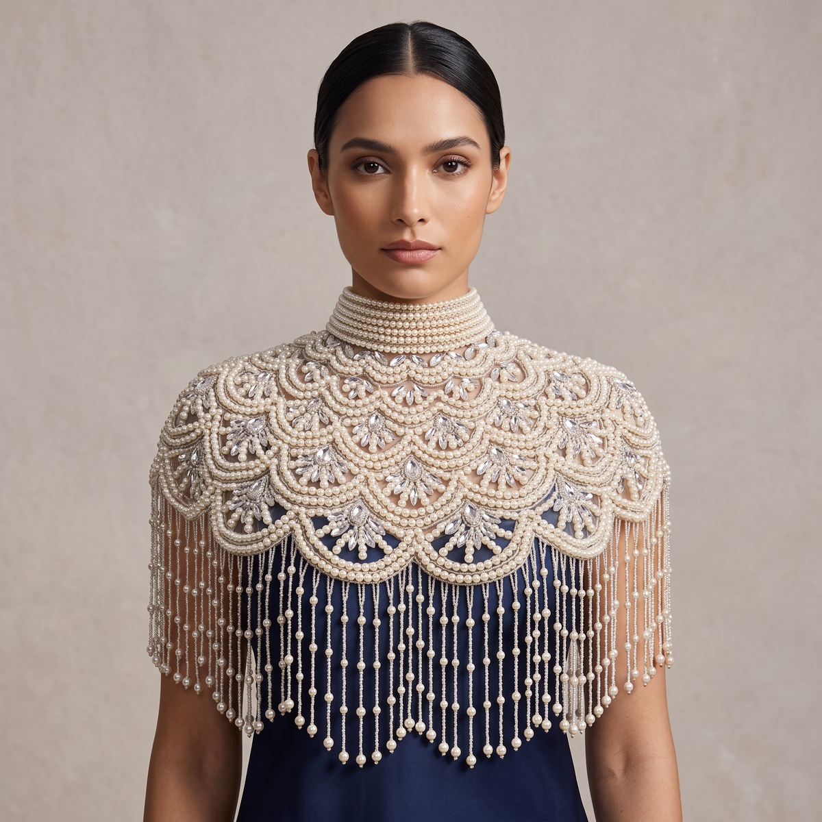 The "Celeste" Pearl & Crystal, Ivory Beaded Fringe Capelet