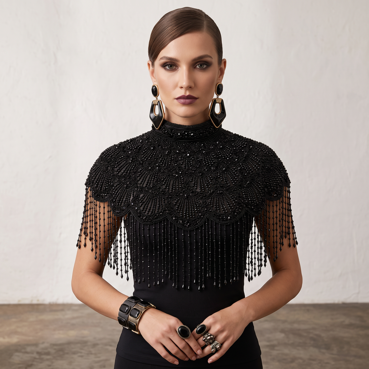 The "Gatsby" Fringe Cape, Art Deco Capelet, Black