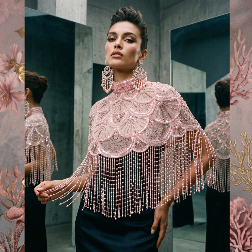 Rosé Reverie Beaded Capelet, Fringe Cape