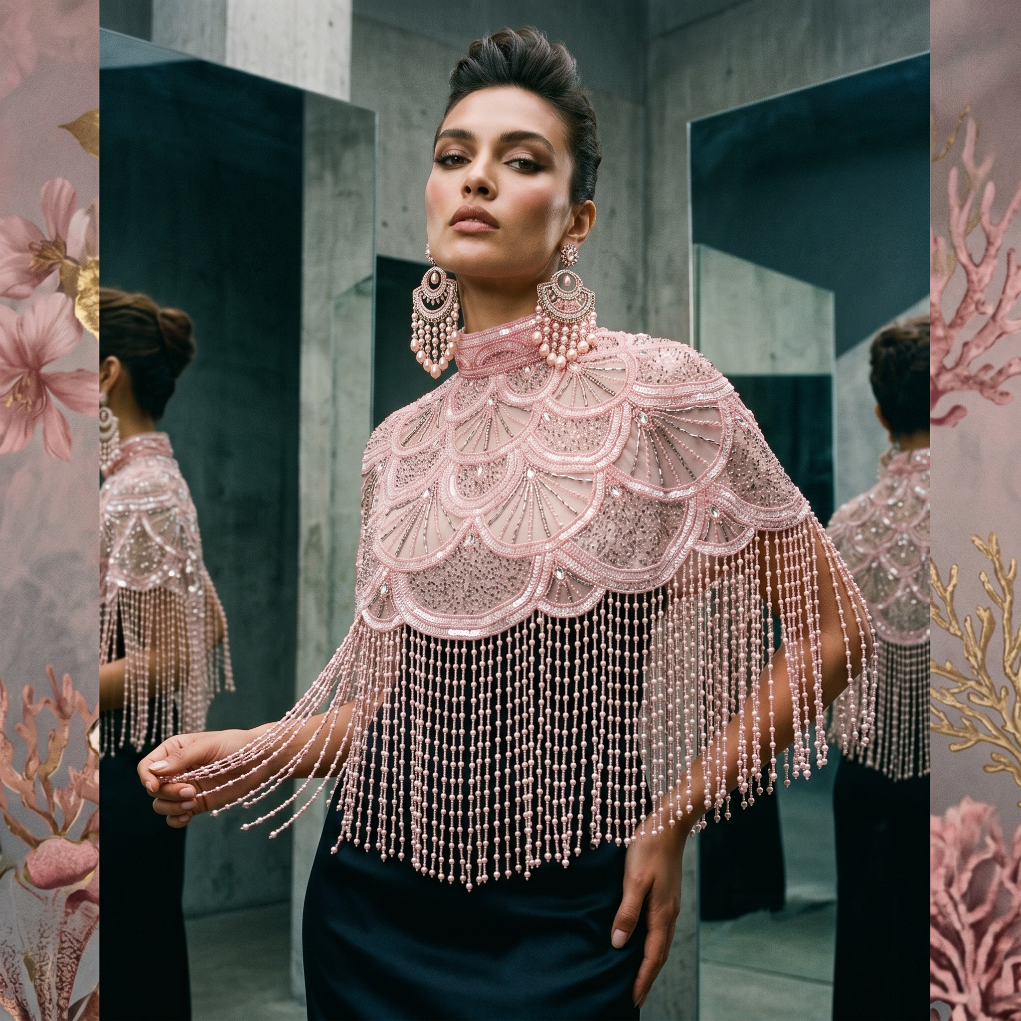 Rosé Reverie Beaded Capelet, Fringe Cape