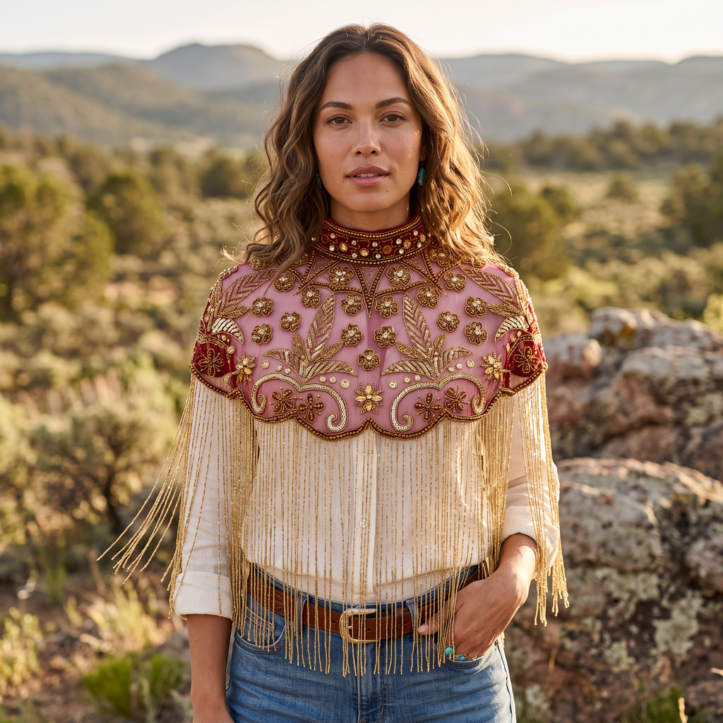 The "Rosaline" Beaded Fringe Cape, Red & Gold