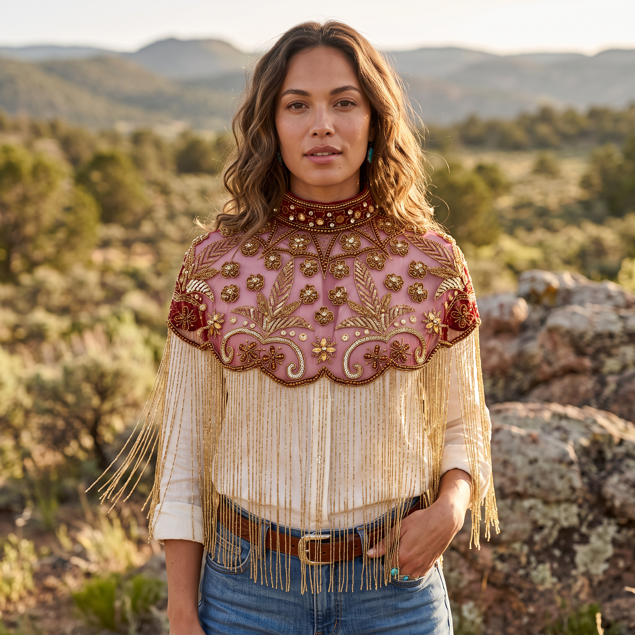 The "Rosaline" Beaded Fringe Cape, Red & Gold
