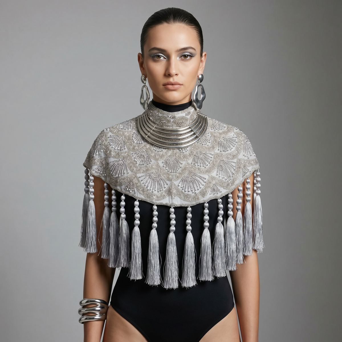 Celestine Silver Beaded Tassel Cape