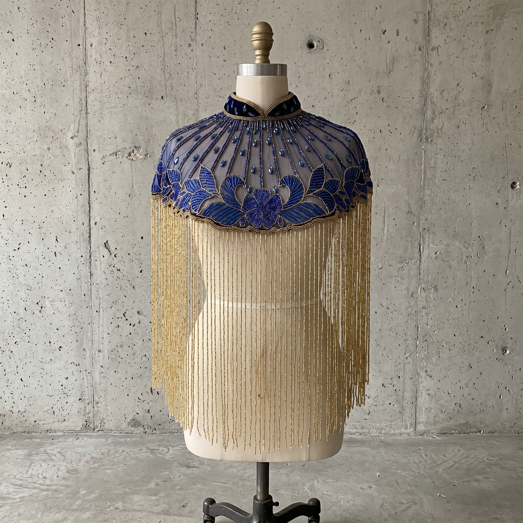 The "Azure Lotus" Beaded Fringe Cape, Blue & Gold
