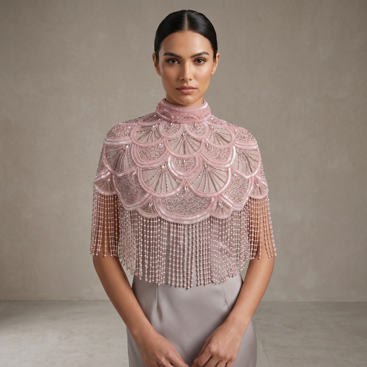 Rosé Reverie Beaded Capelet, Fringe Cape