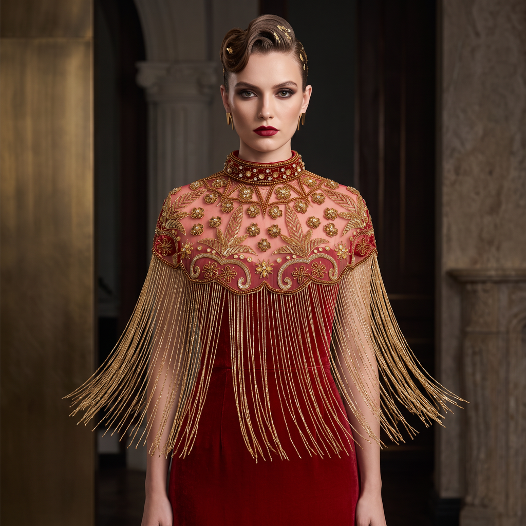 The "Rosaline" Beaded Fringe Cape, Red & Gold