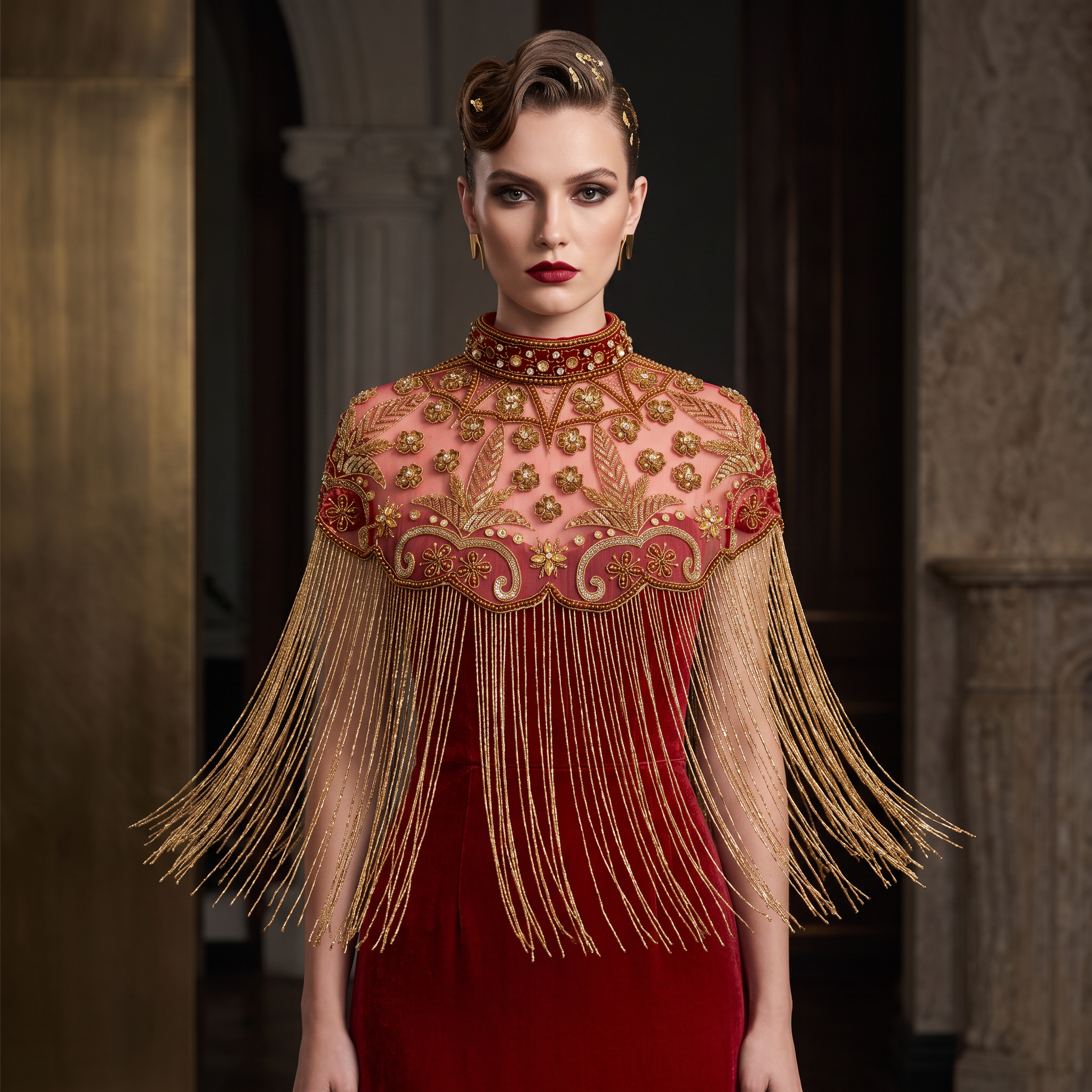 The "Rosaline" Beaded Fringe Cape, Red & Gold
