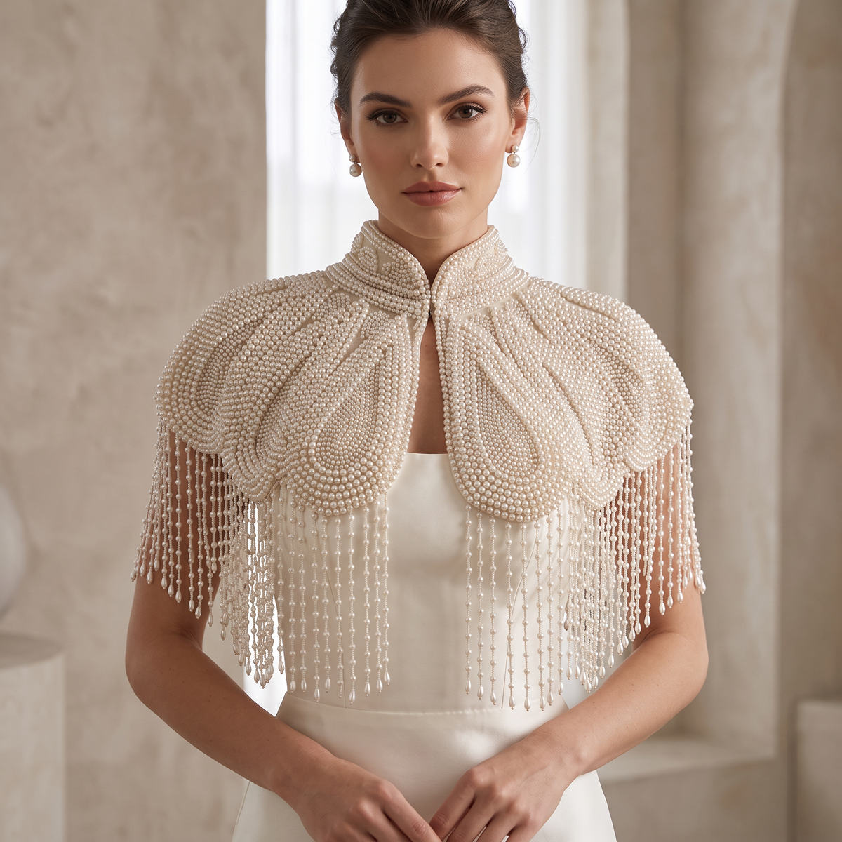 The Vivienne | Ivory Pearl Beaded Fringe Capelet