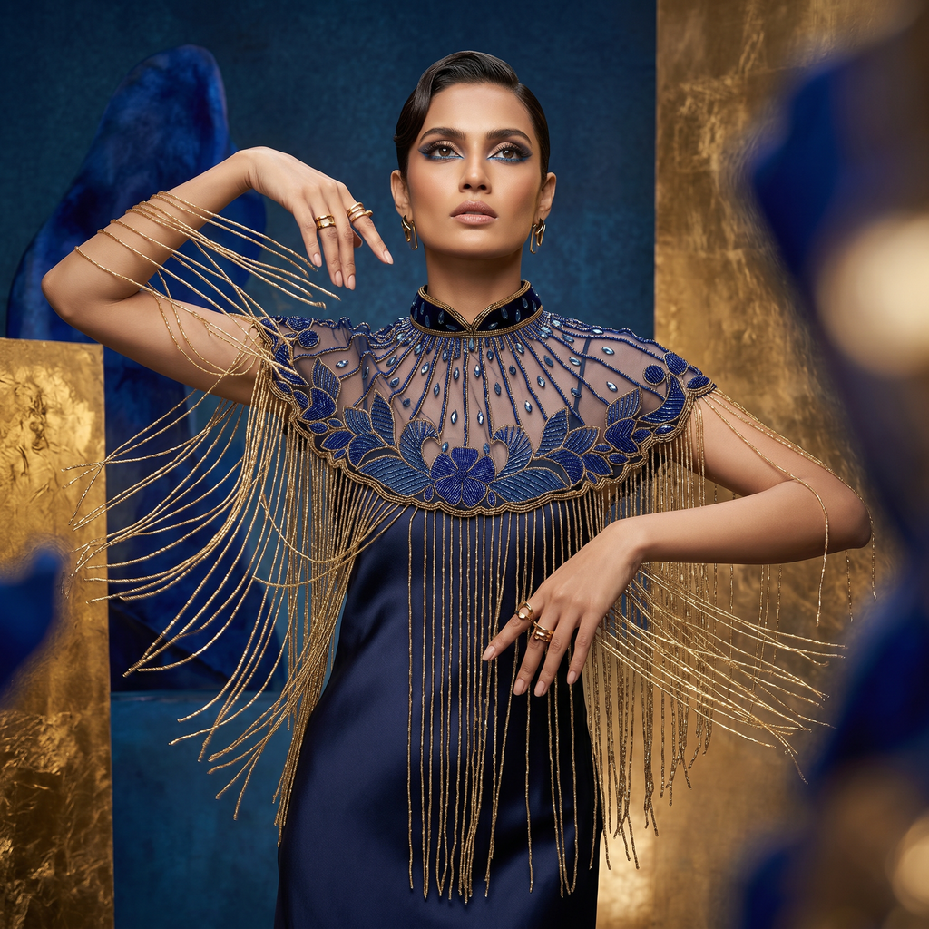 The "Azure Lotus" Beaded Fringe Cape, Blue & Gold