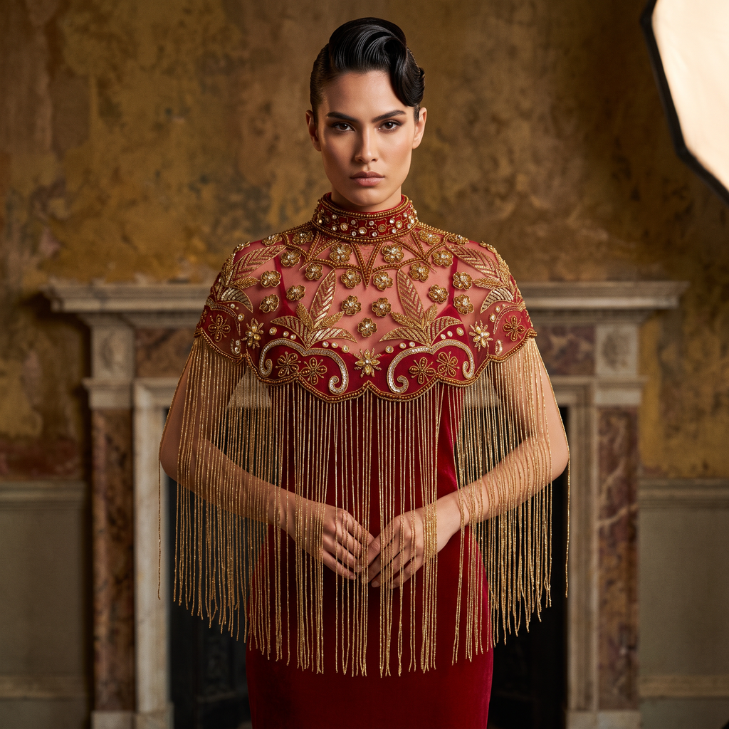 The "Rosaline" Beaded Fringe Cape, Red & Gold