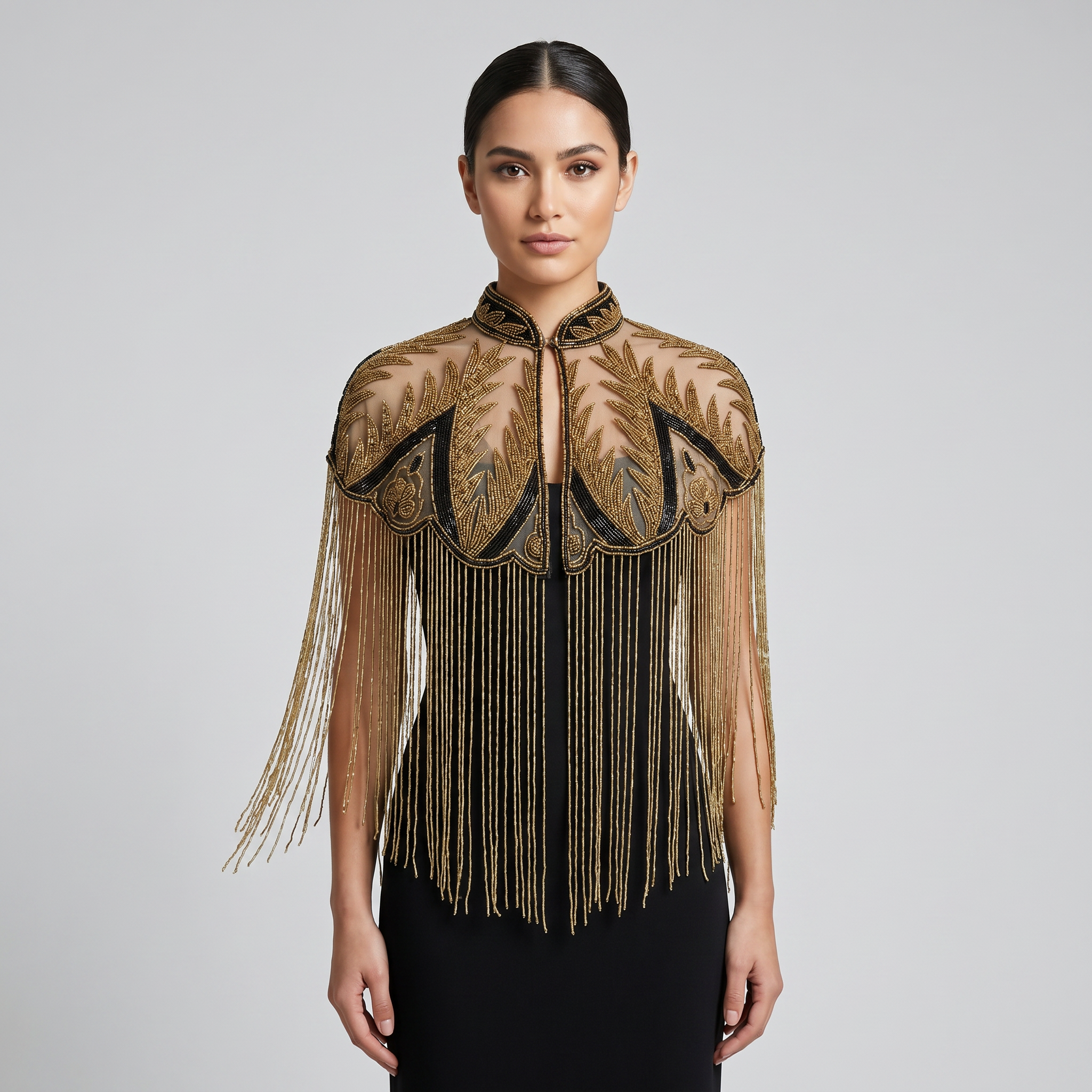 Palm Royale Beaded Capelet, Black & Gold