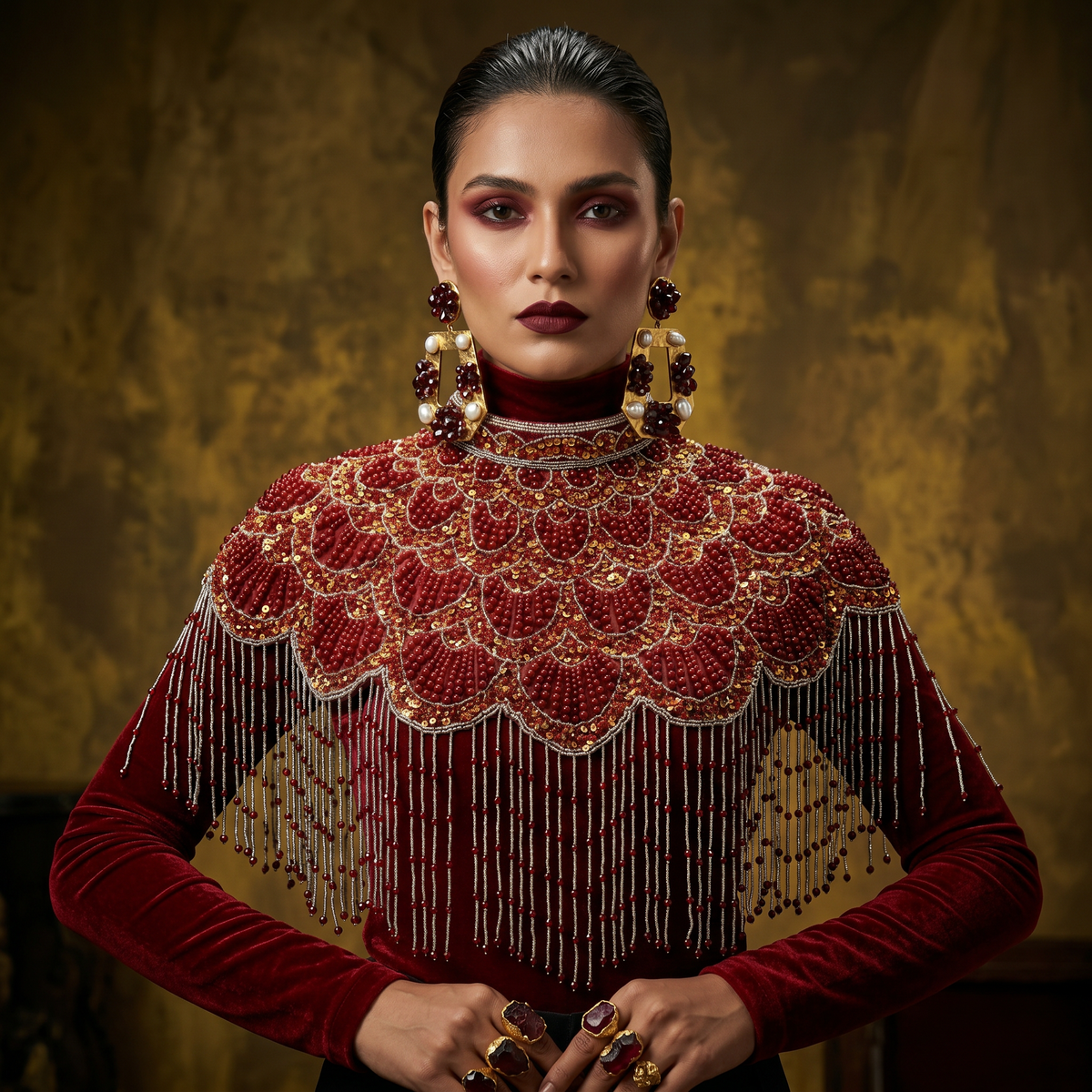 The "Gatsby" Beaded Fringe Cape, Red & Gold