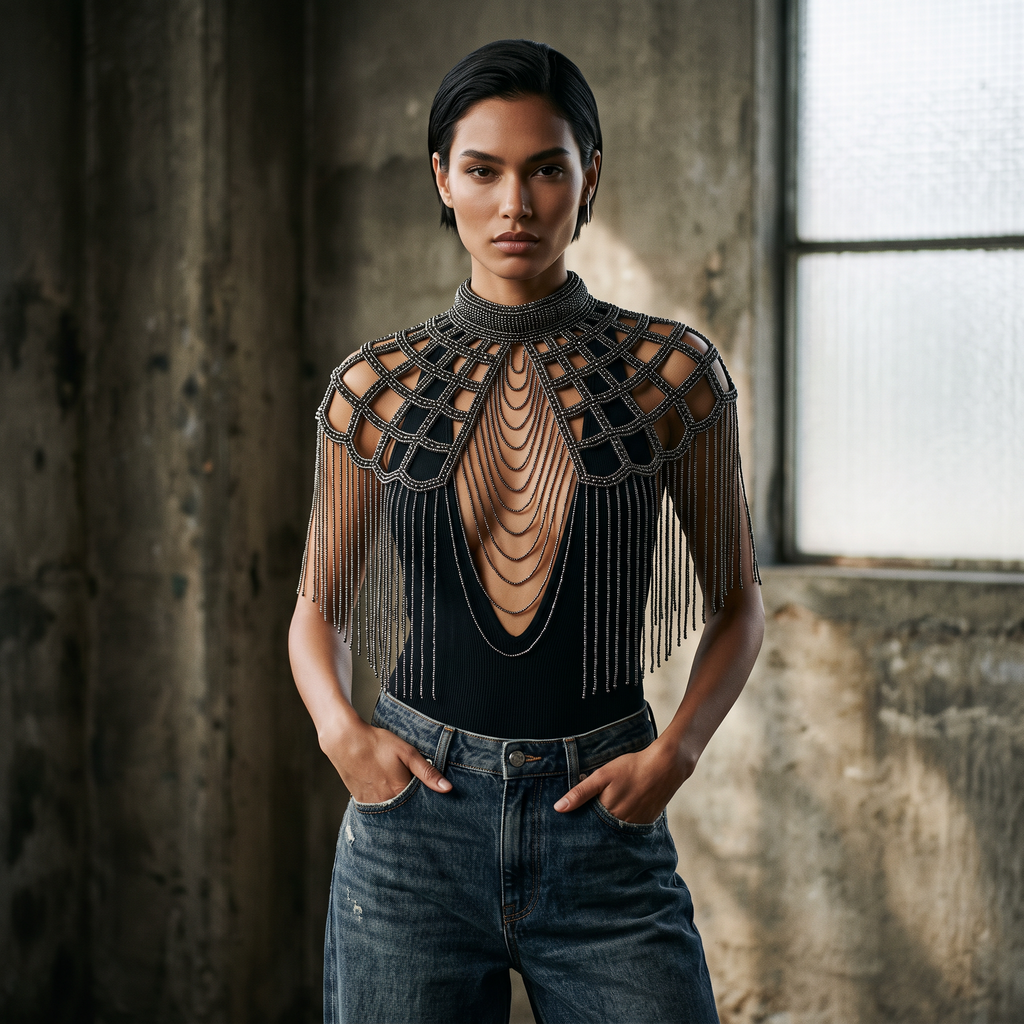 The Onyx, Gunmetal Beaded Capelet Fringe Collar Statement Cape