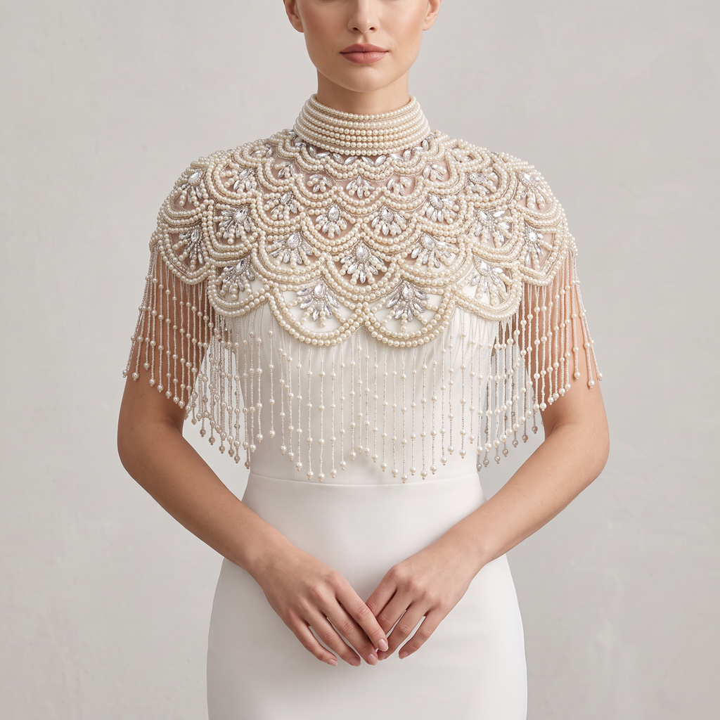 The "Celeste" Pearl & Crystal, Ivory Beaded Fringe Capelet