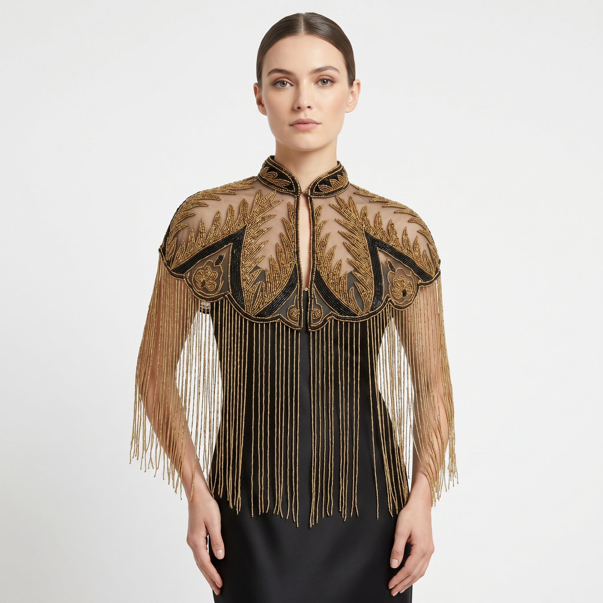 Palm Royale Beaded Capelet, Black & Gold