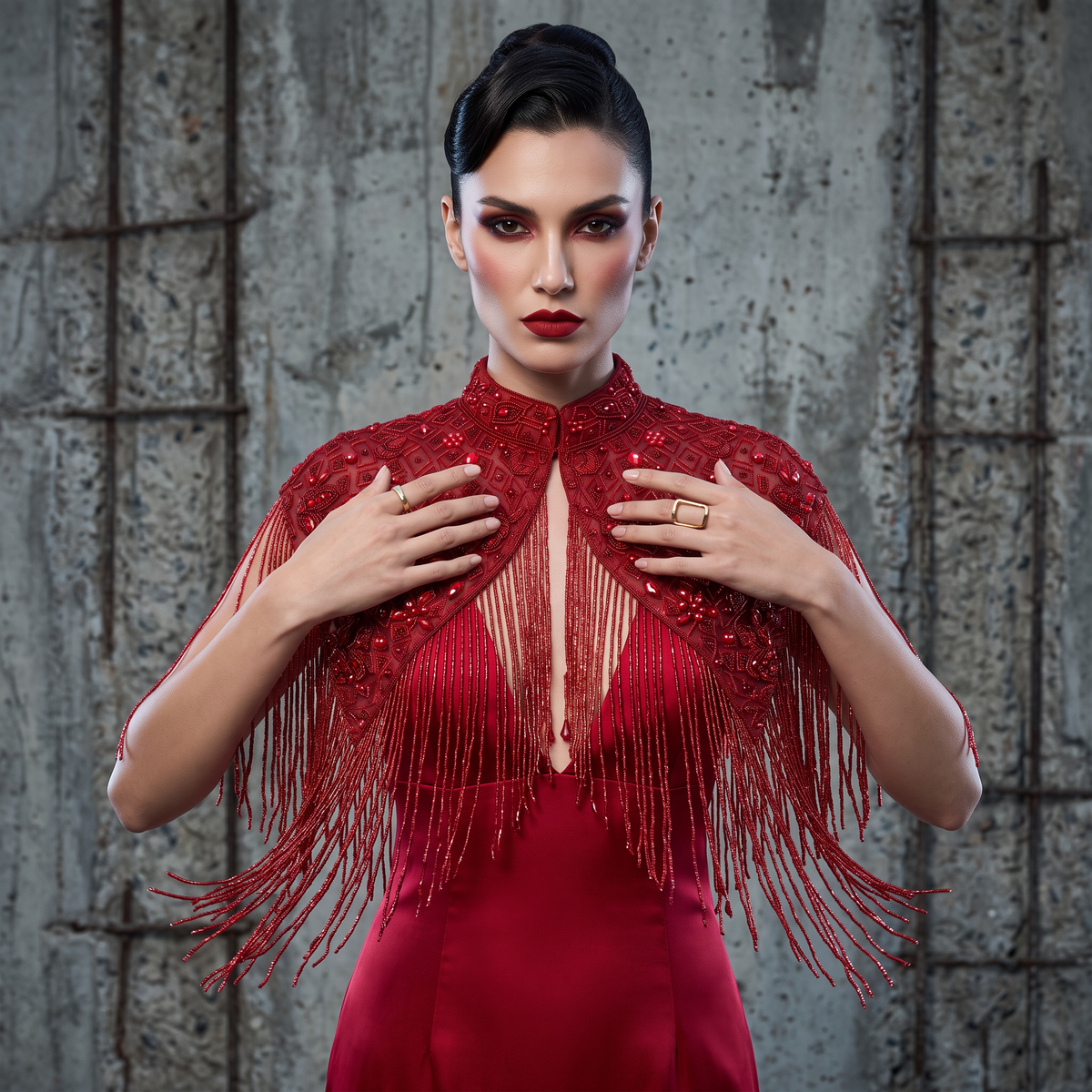 The Solara | Hand-Beaded Fringe Capelet — Black, Red, Silver & Gold