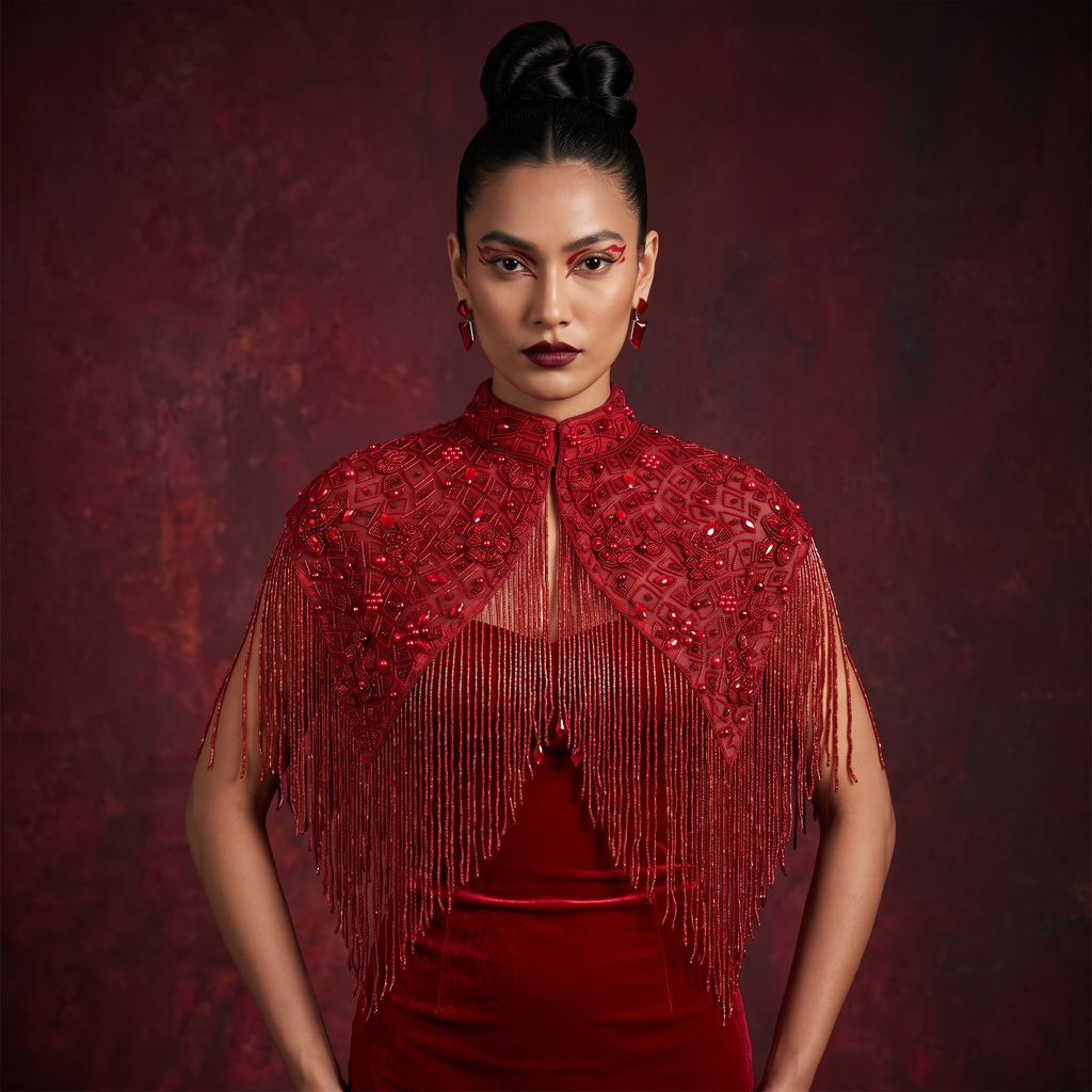 The Solara | Hand-Beaded Fringe Capelet — Black, Red, Silver & Gold