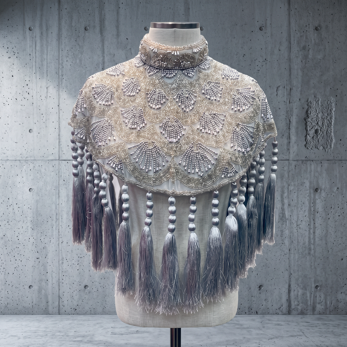 Celestine Silver Beaded Tassel Cape