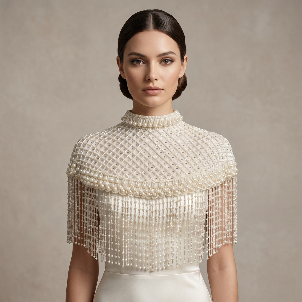 The "Elegant Pearl" Beaded Fringe Cape, Ivory