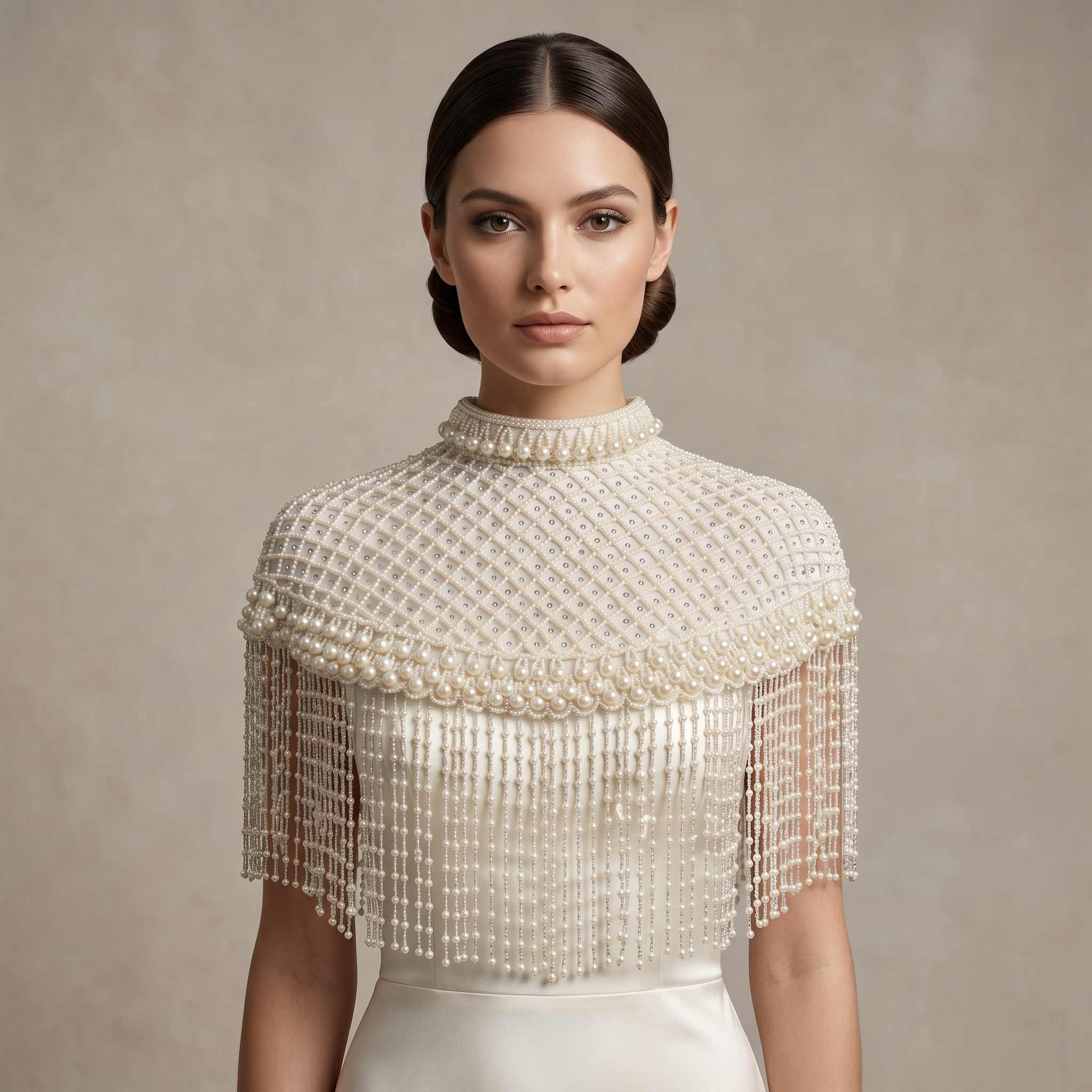 The "Elegant Pearl" Beaded Fringe Cape, Ivory