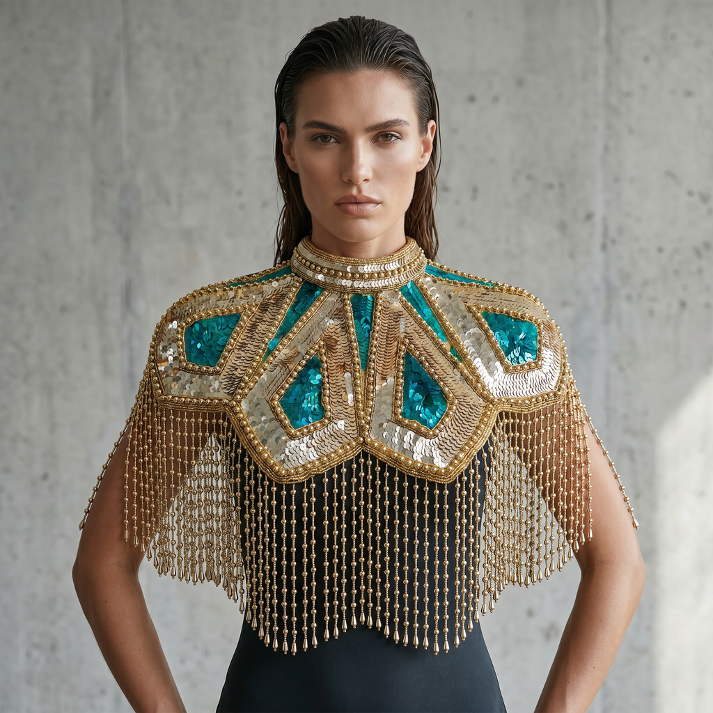 The "Meridian" Cape, Art Deco Capelet, Green & Gold